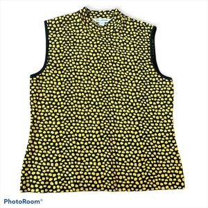 ST JOHN YELLOW AND BLACK SLEEVELESS HIGH NECK BLOUSE. ZIPPER. PATTERN. SZ: S